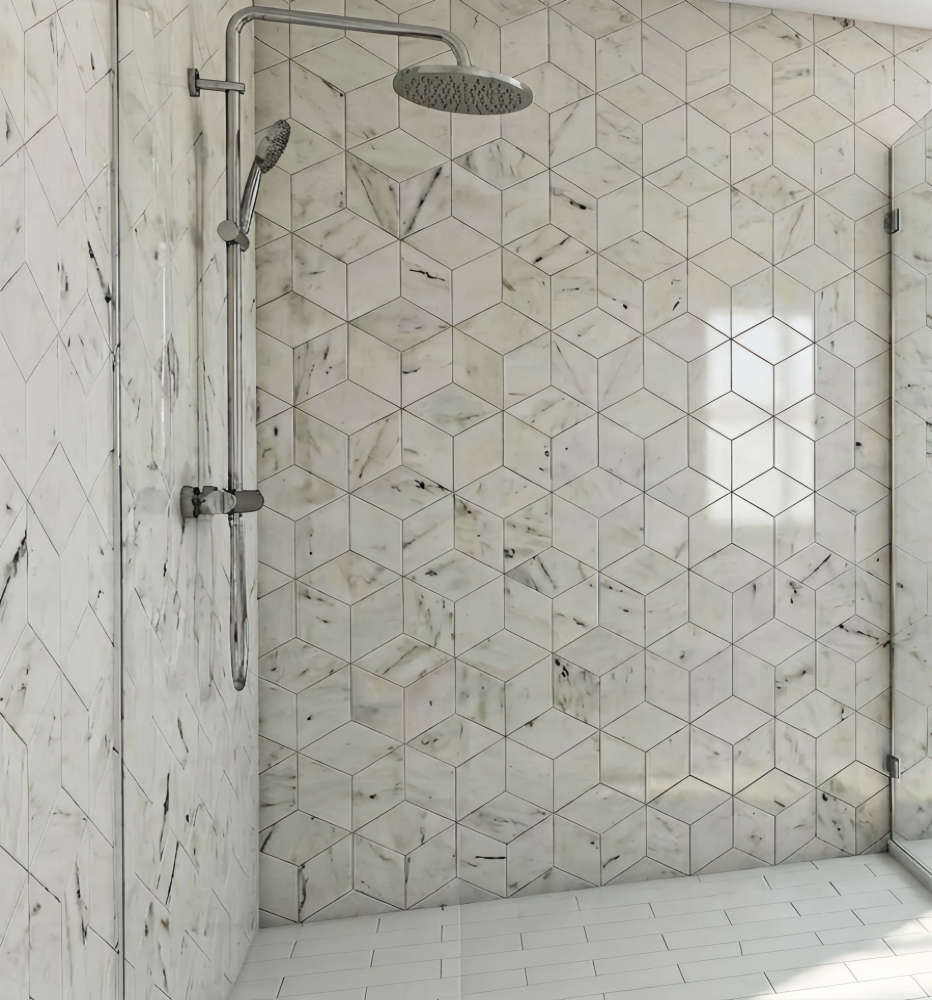 Walk-in shower featuring a stunning floor-to-ceiling installation of natural Snow Mountain White hexagon polished marble tiles with 3D geometric visual effect.