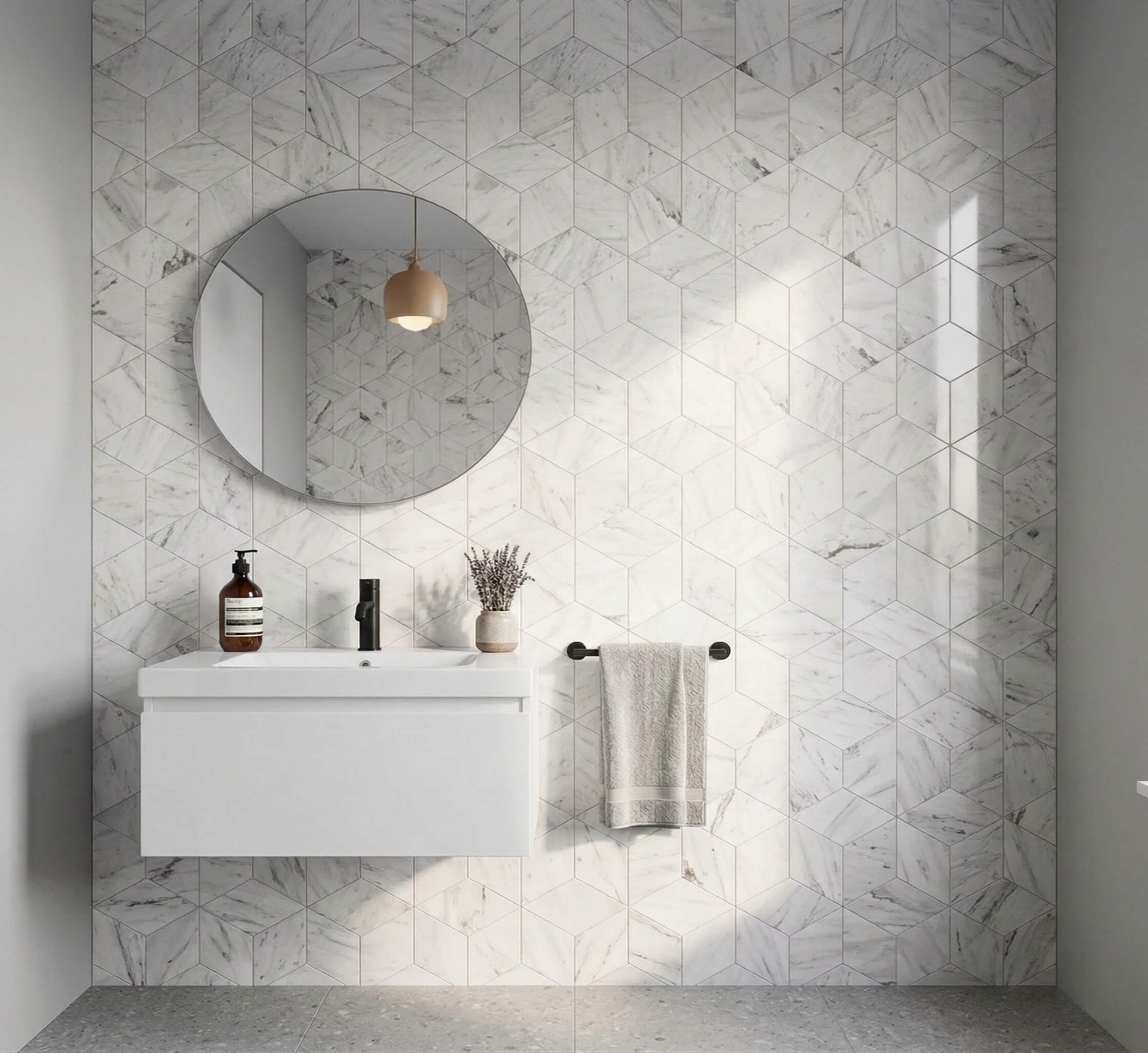 Minimalist modern bathroom interior featuring an entire wall of premium Snow Mountain White hexagon polished marble tiles.