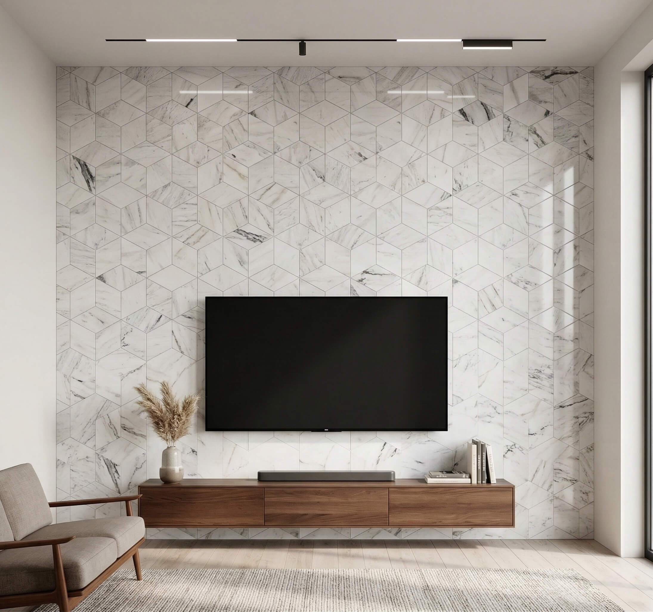Modern living room feature wall decorated with 3D geometric Snow Mountain White hexagon marble tiles behind a flat-screen TV.