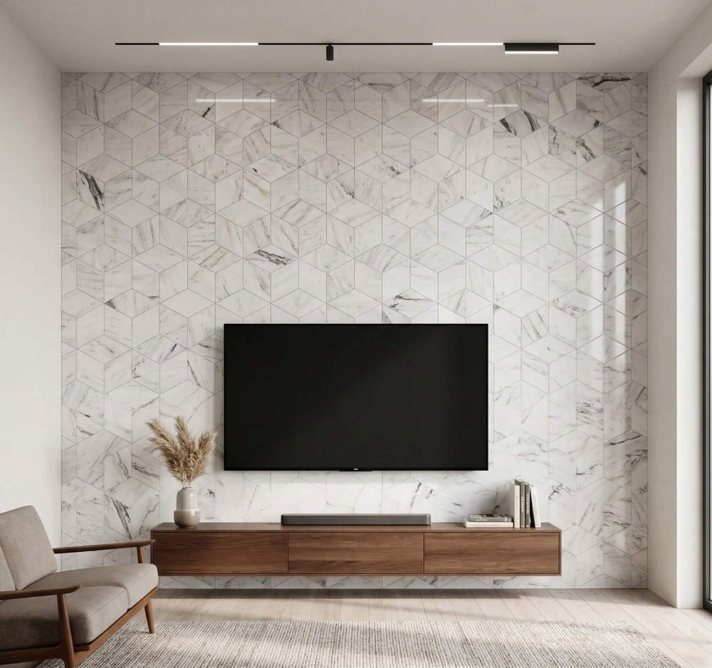 Modern living room feature wall decorated with 3D geometric Snow Mountain White hexagon marble tiles behind a flat-screen TV.