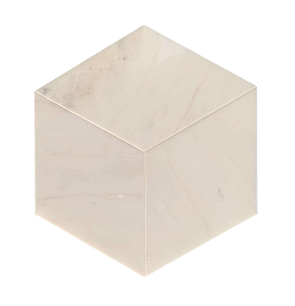 Single polished Snow Mountain White hexagon marble tile featuring a unique 3D cube geometric design for premium wall and floor decor.