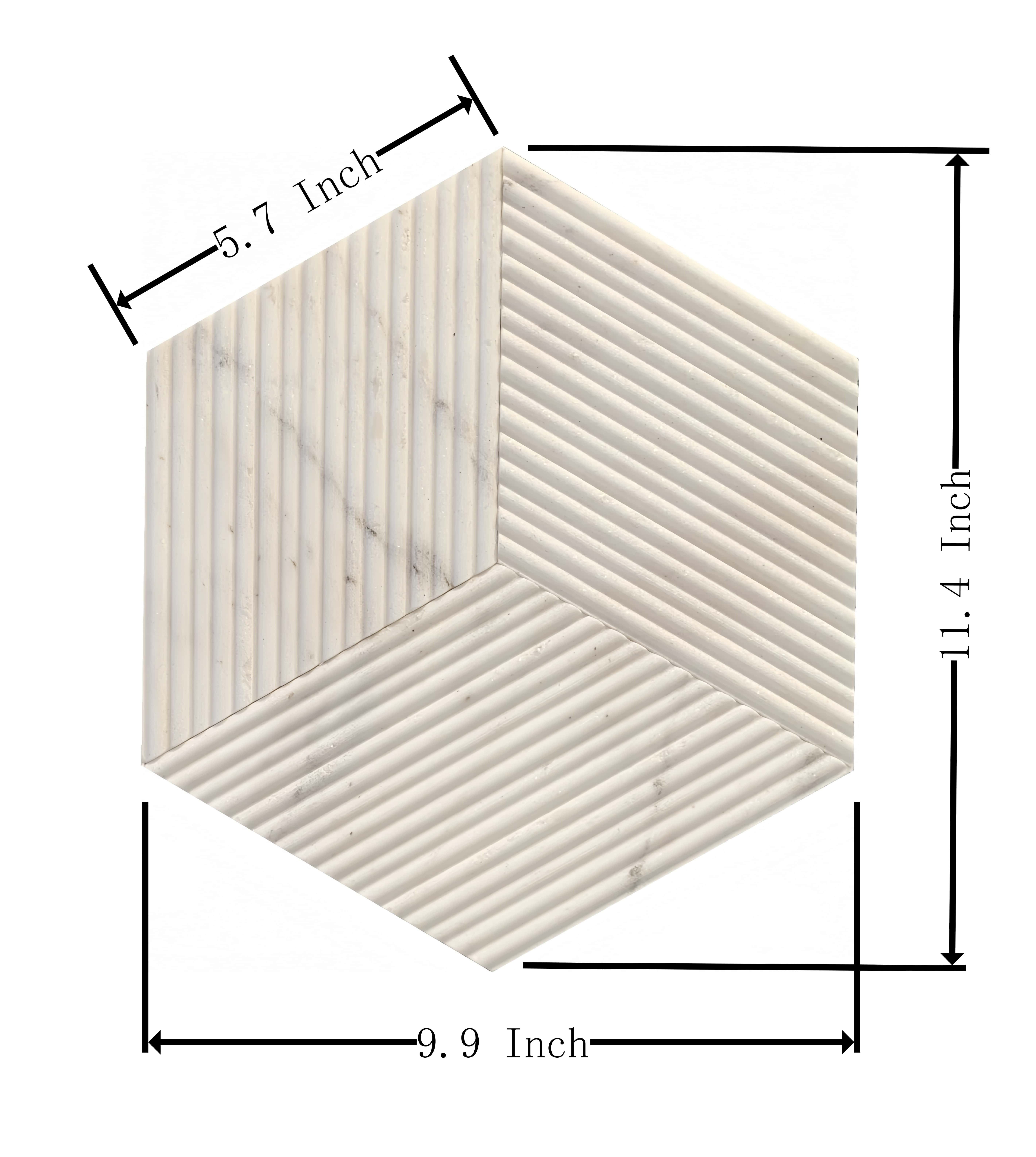 Top view dimensions of the 100% natural Snow Mountain White hexagon marble tile, measuring 11.4 by 9.9 inches.