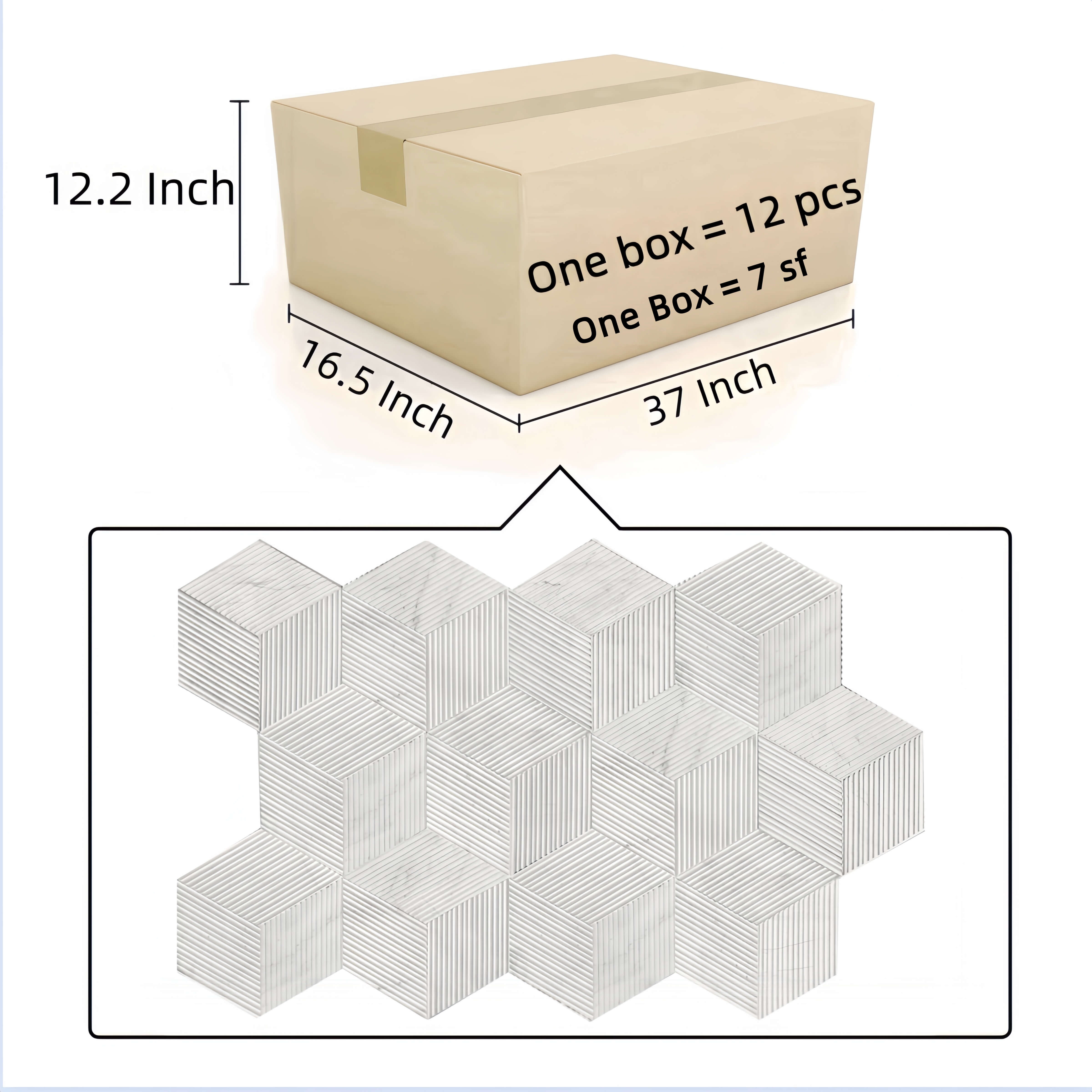Damage-proof secure packaging for Hexagon Snow Mountain White marble tiles, containing 12 pieces (7 sq ft) per box, ready for fast shipping from our US warehouse.