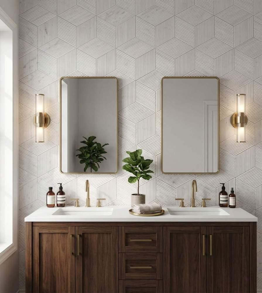 Close-up of a luxury bathroom double vanity backsplash featuring our easy-to-install Snow Mountain White fluted hexagon marble tiles.