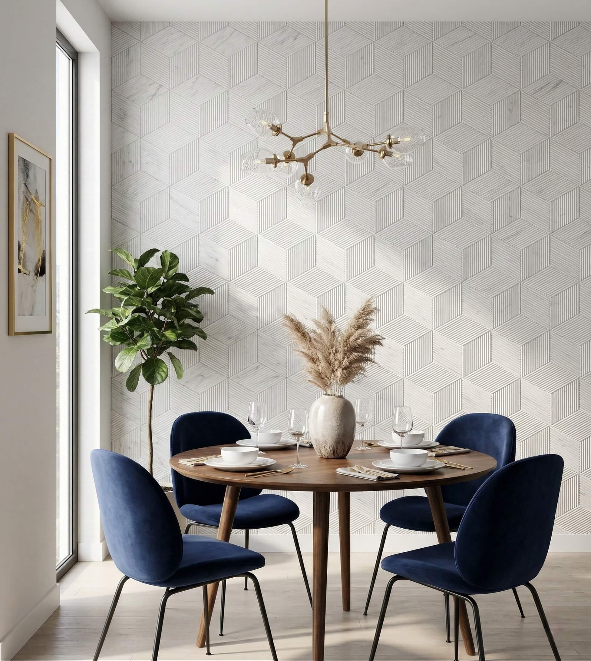 Sophisticated dining room accent wall designed with exclusive Snow Mountain White hexagon marble tiles, showcasing the unique beauty of natural stone.