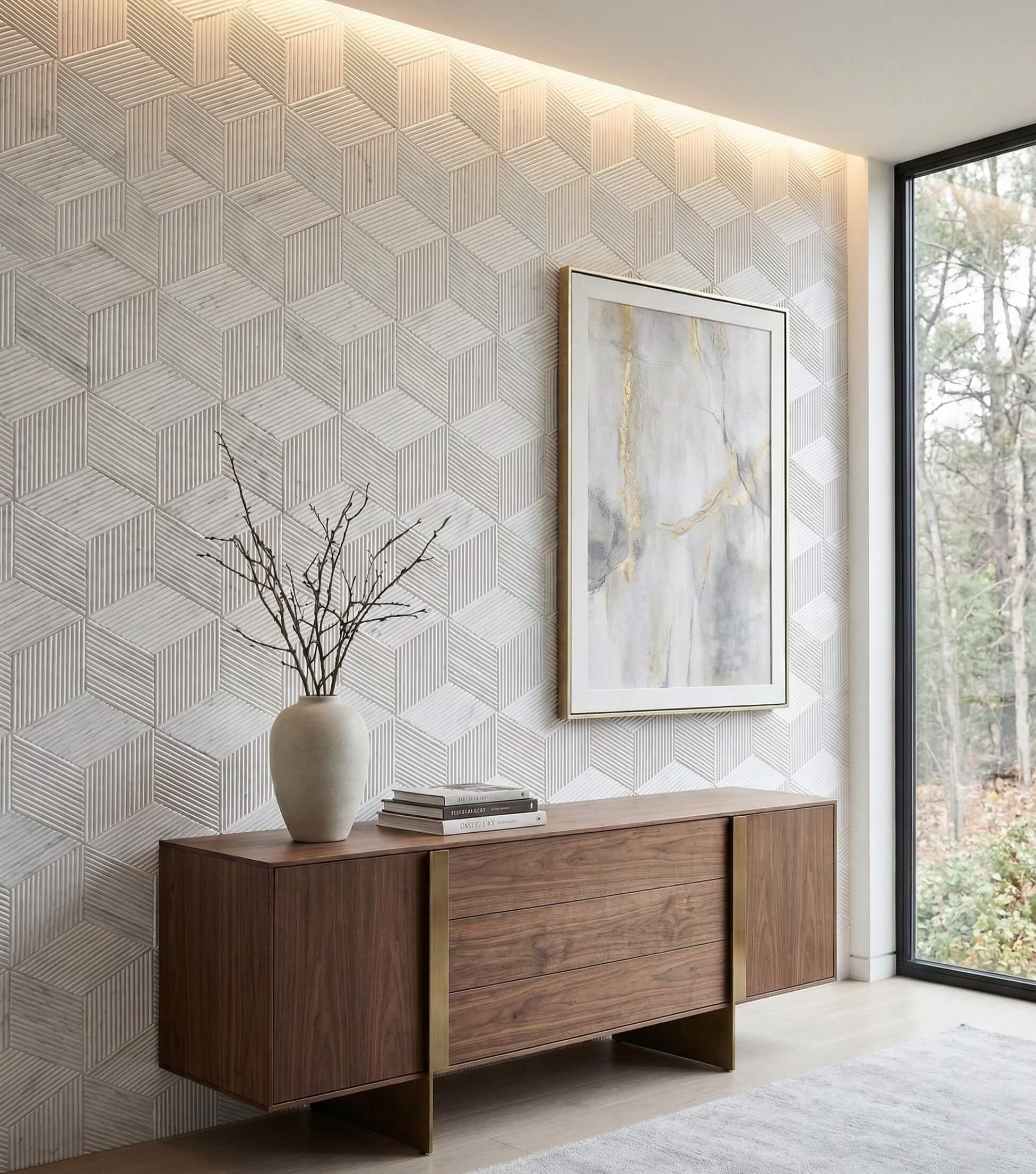Warm and inviting living room feature wall decorated with 3D geometric Snow Mountain White marble tiles, available in stock at our US warehouse.
