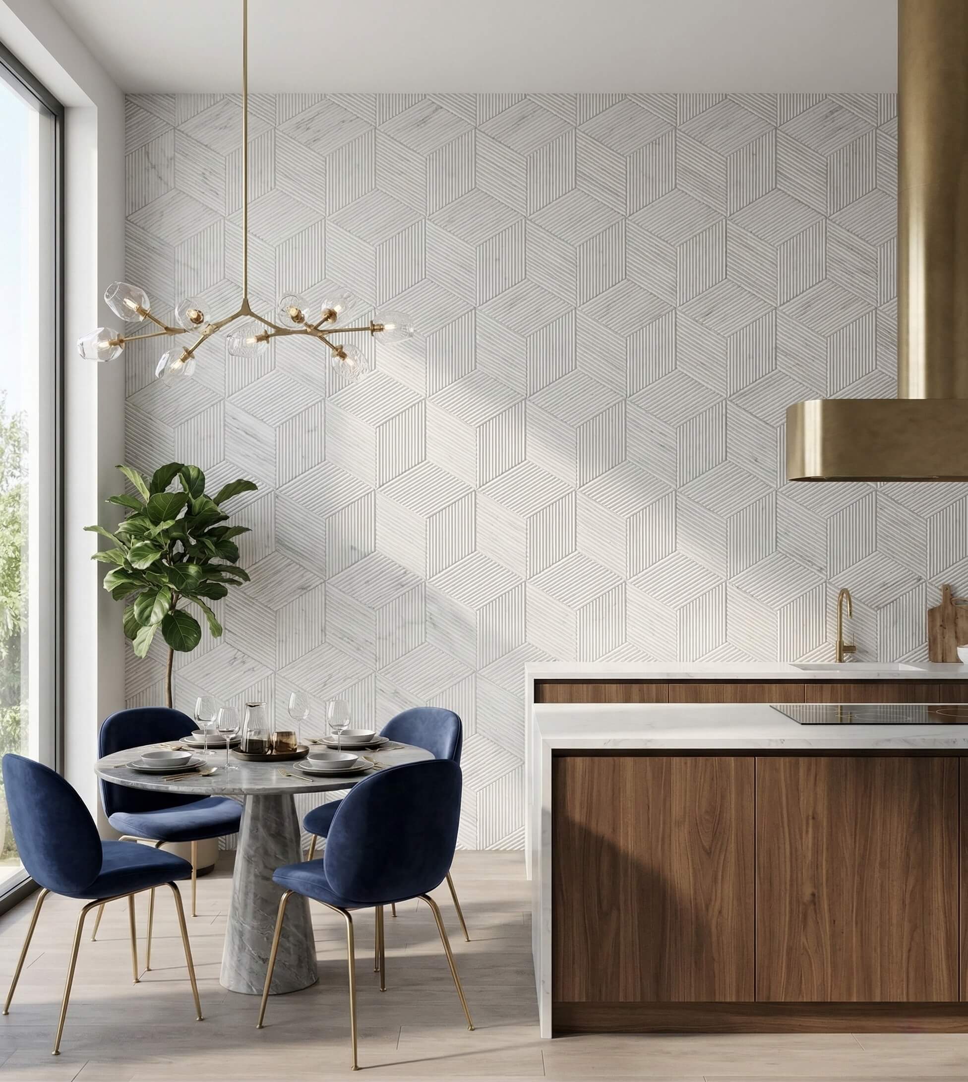 Stunning open-concept kitchen and dining area enhanced by a full feature wall of premium Snow Mountain White textured marble tiles.