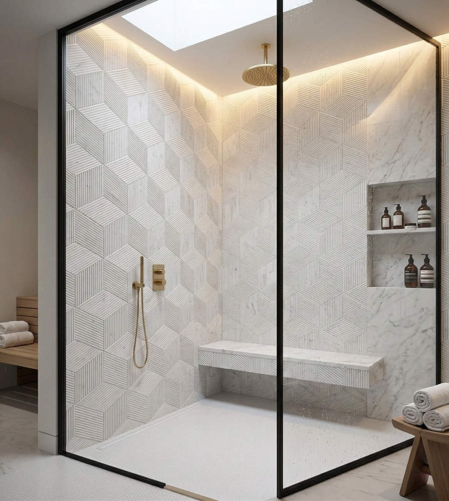 High-end walk-in shower and spa area completely clad in our exclusive Snow Mountain White hexagon marble tiles, offering a slip-resistant textured feel.