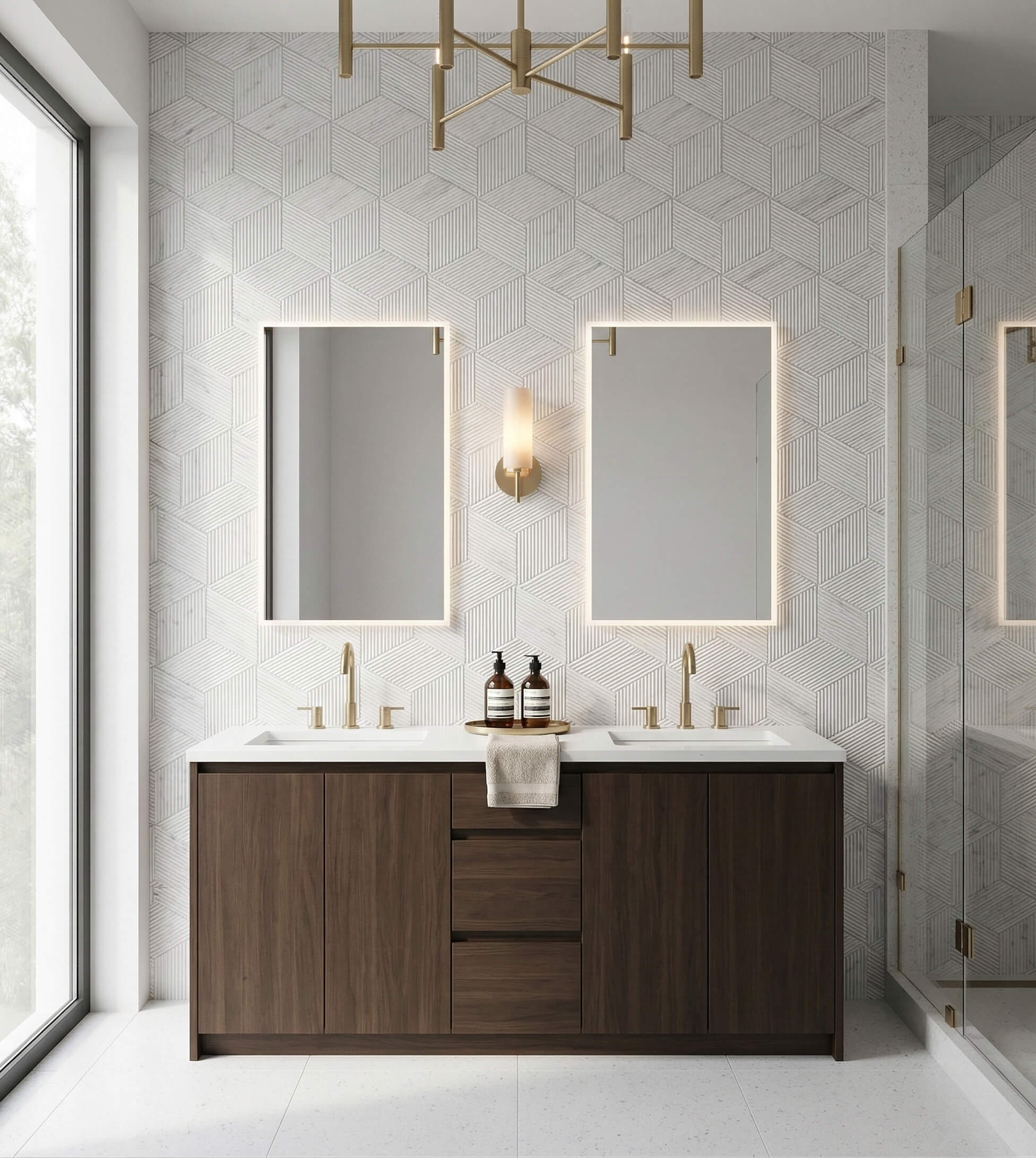 Elegant modern bathroom featuring 100% natural Snow Mountain White hexagon marble wall tiles with a stunning 3D textured finish.
