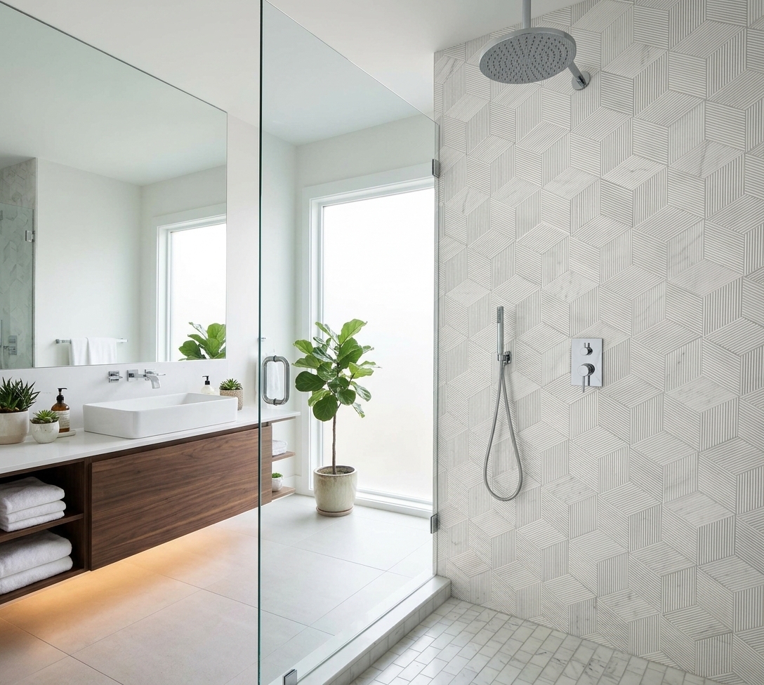 Bright and modern glass shower interior featuring the distinct, natural variations of our Snow Mountain White fluted marble tiles. Every piece is naturally unique.