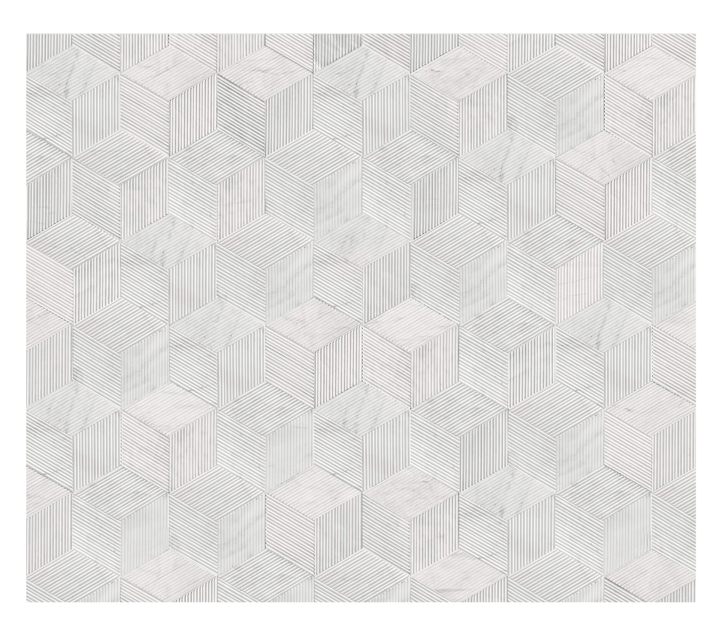 Seamless 3D geometric pattern created by Snow Mountain White hexagon textured marble wall tiles, perfect for living rooms and commercial spaces.