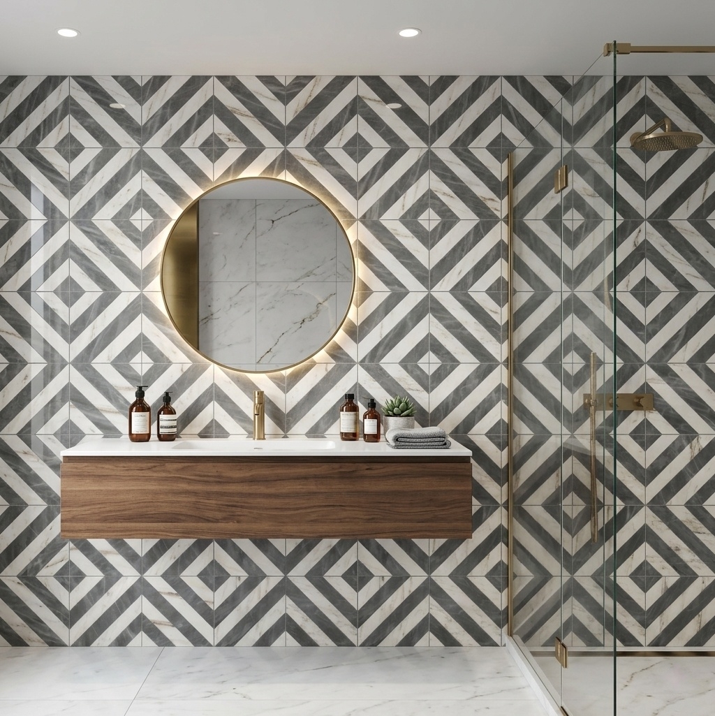 Striking bathroom vanity wall application demonstrating the versatility and elegance of the 12x12 dual-color natural marble tile.
