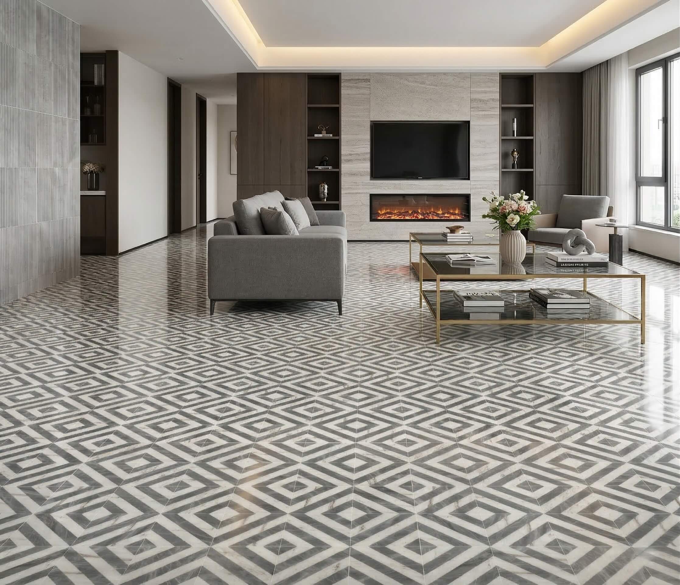 12x12 White & Gray Waterjet Marble Tile | Geometric Floor & Wall