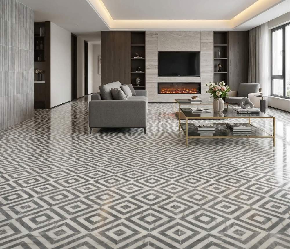Spacious contemporary living room enhanced by the luxurious glossy finish of our unique two-color waterjet marble flooring.
