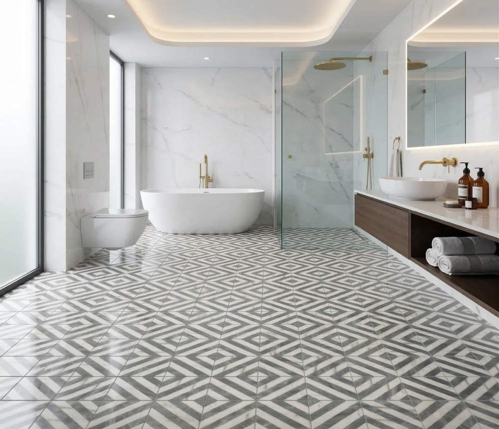 Elegant bathroom interior featuring the exquisite 12x12 waterjet polished marble tile on the floor, showcasing a seamless geometric pattern.