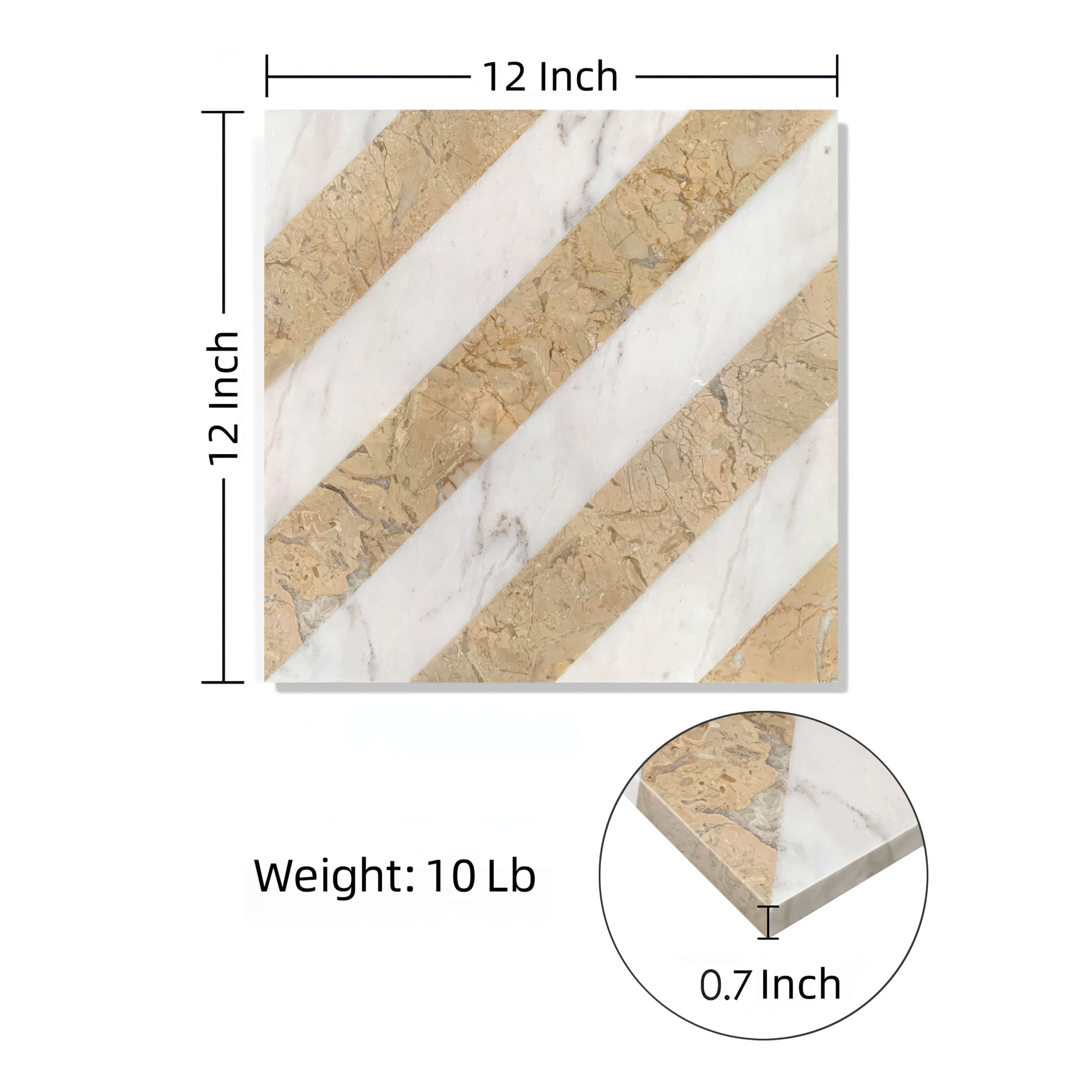 Dimensions of 12x12 inch natural marble tile, featuring 0.7-inch thickness and exclusive Snow Mountain White with Hyatt Gold stripes.