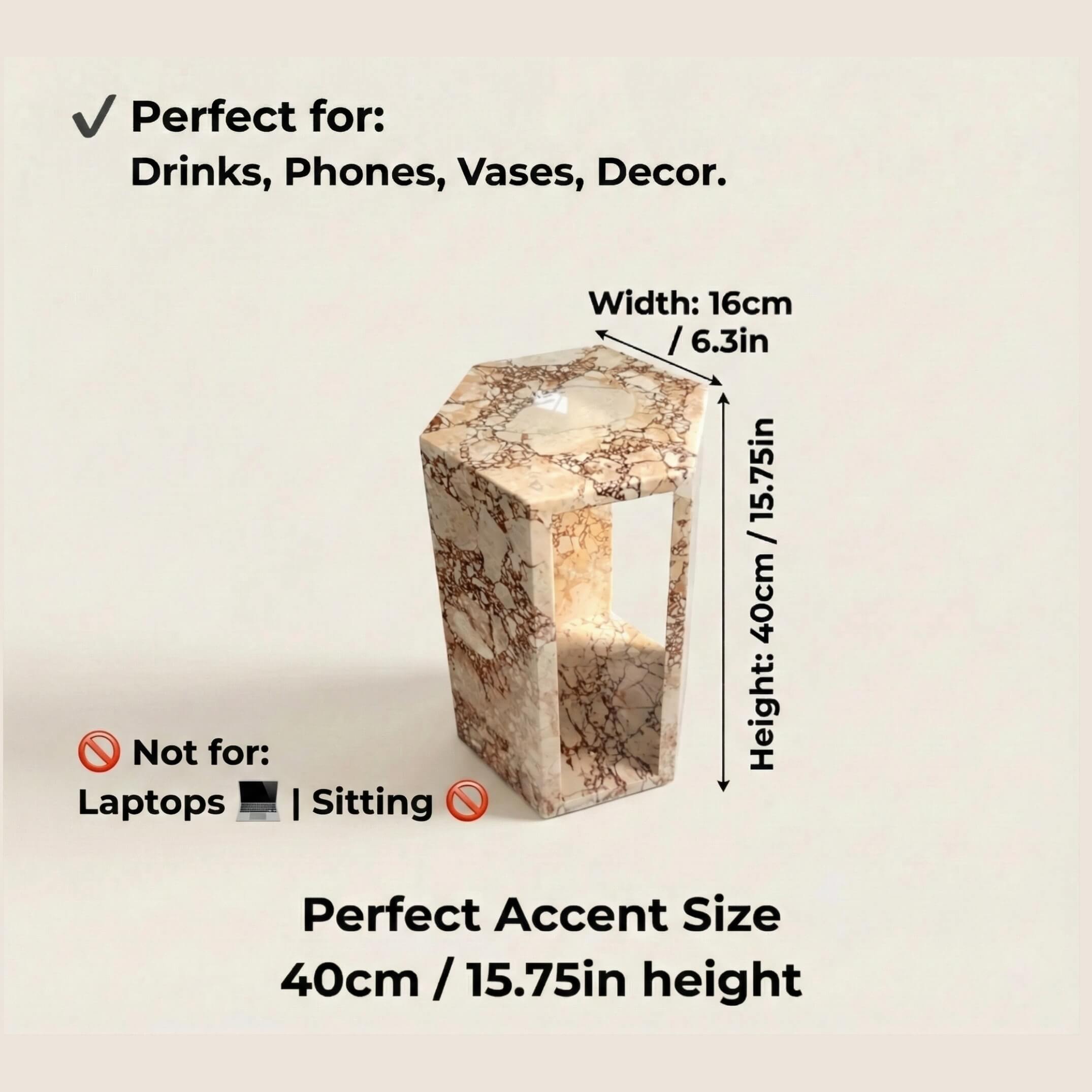 Size dimensions (15.75 inches height) and perfect usage guide for the marble hexagon accent table, ideal for drinks, phones, and decor.
