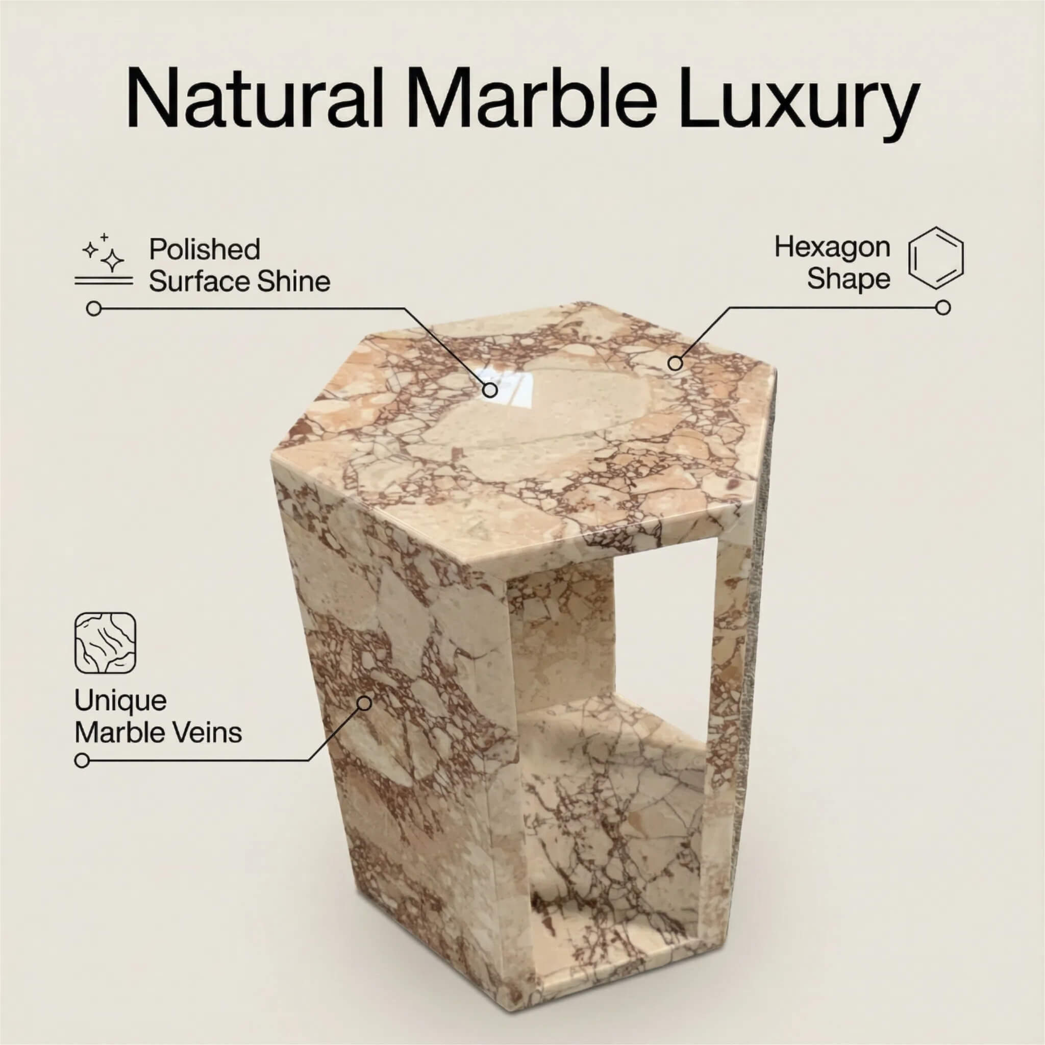 Key features of the natural marble luxury pedestal including a polished surface shine, unique Rose Tea marble veins, and modern hexagon shape.