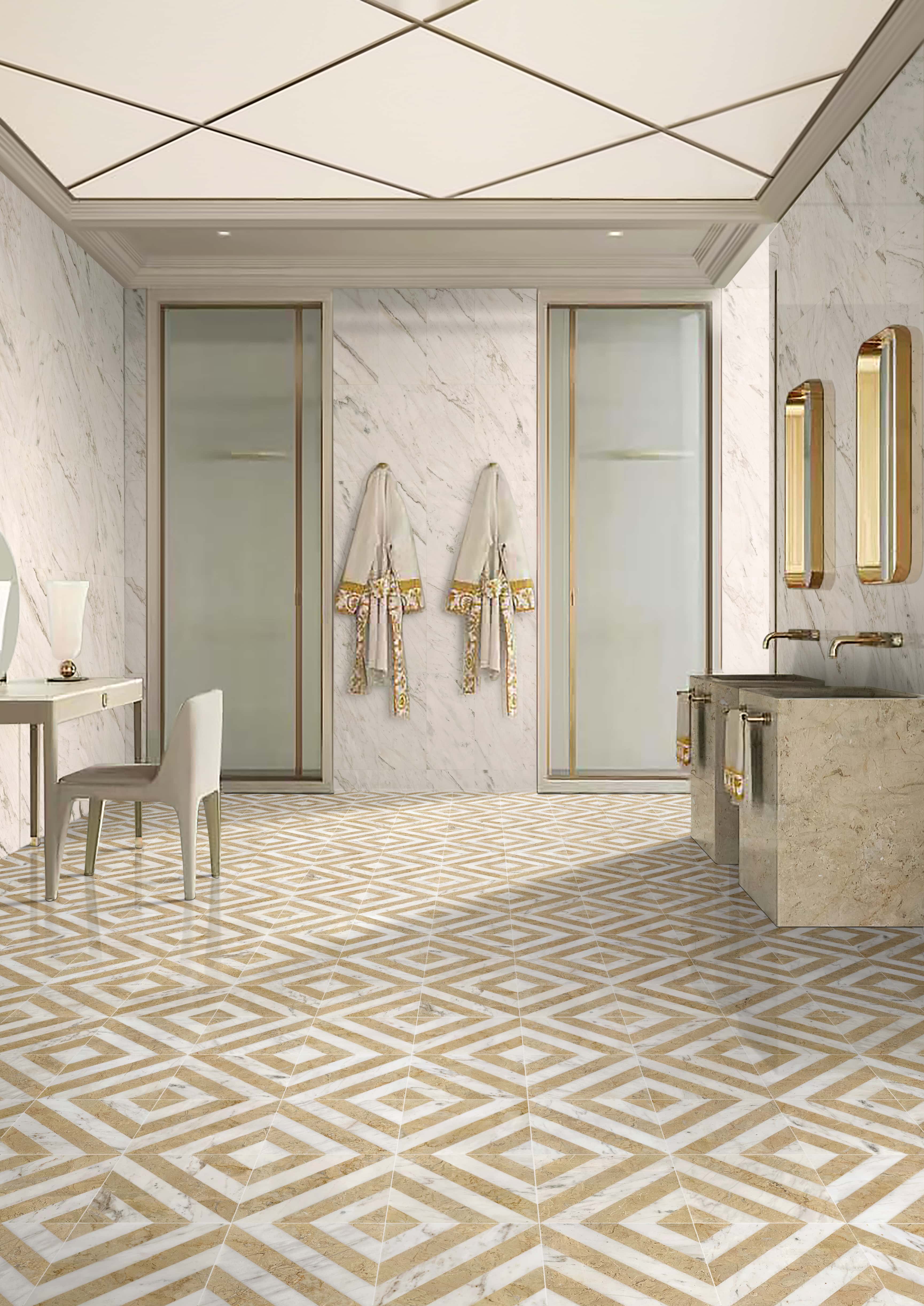 Luxury bathroom design pairing 12x12 waterjet white and gold marble floor tiles with 12x24 Snow Mountain White polished wall tiles. 100% natural exclusive stone, easy to install.