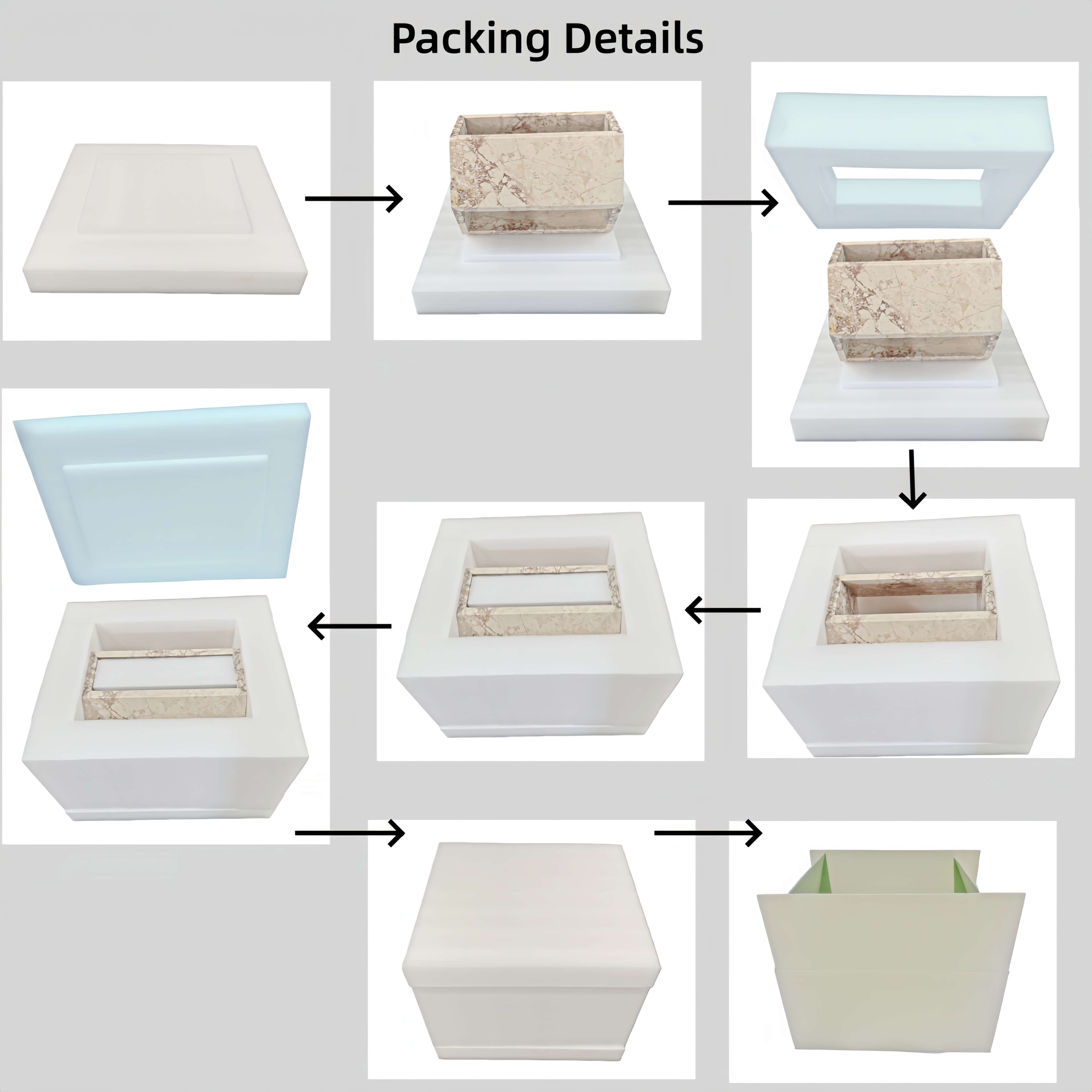 Step-by-step safe and anti-damage foam packaging details ensuring secure delivery of the natural marble side table.