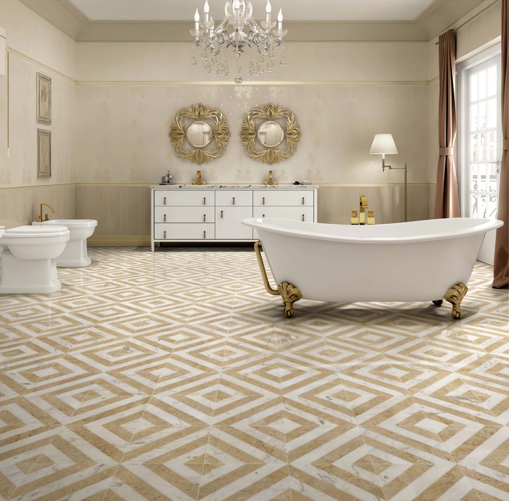 Classic vintage bathroom featuring a freestanding tub on beautifully patterned Snow Mountain White and Hyatt Gold marble flooring. Ready to ship from our US warehouse.