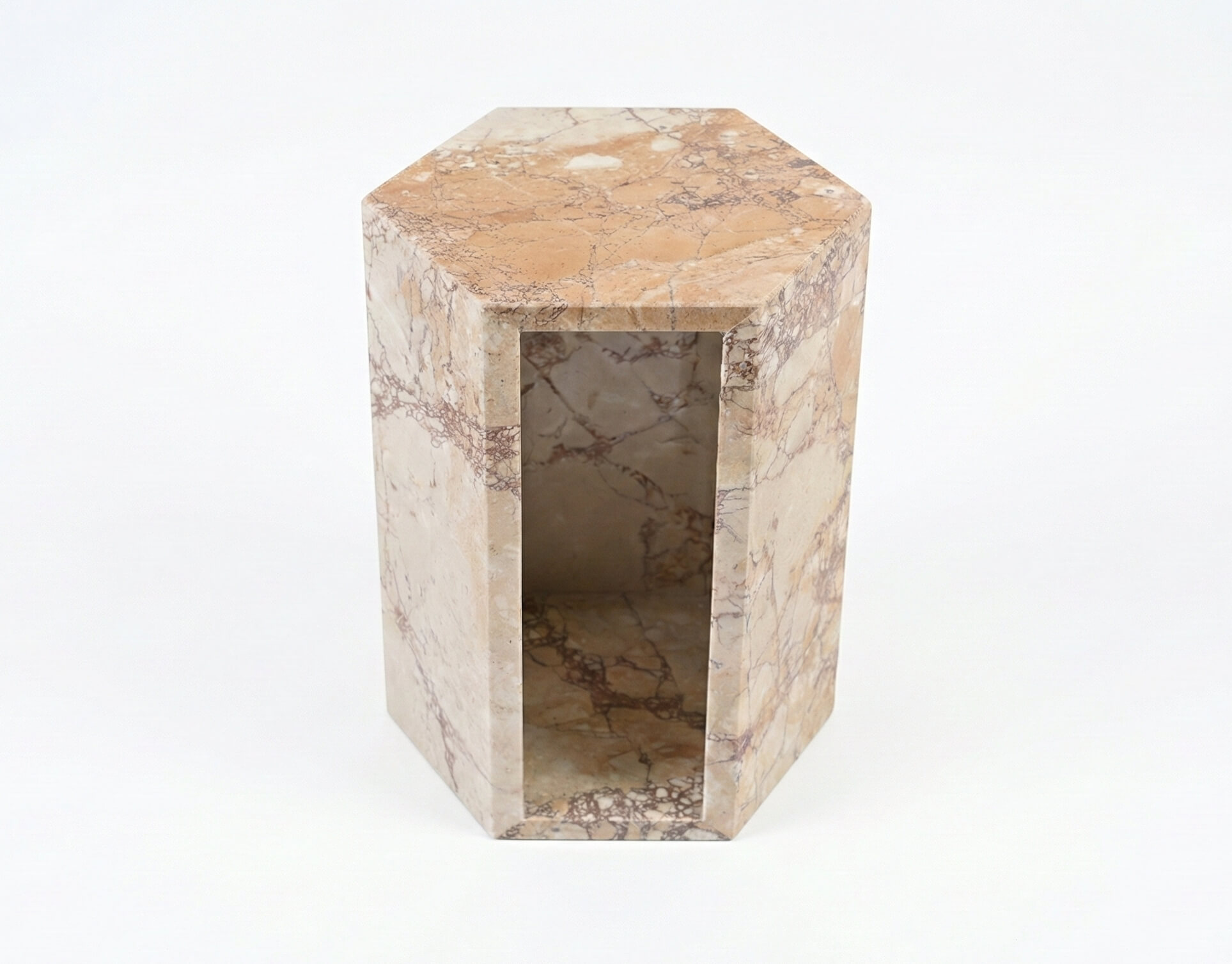 Top-front perspective of the diamond pink stone pedestal accent table highlighting the polished, 100% natural marble surface.