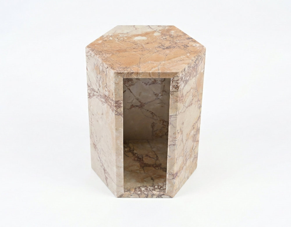 Top-front perspective of the diamond pink stone pedestal accent table highlighting the polished, 100% natural marble surface.