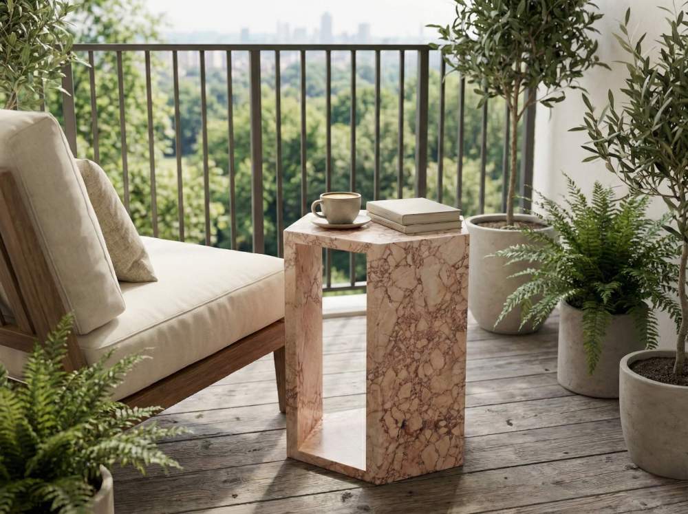 Geometric stone drink table placed on a sunlit balcony, complementing outdoor lounge chairs. A versatile, 100% natural addition to any space.