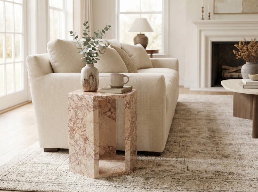 Luxury natural diamond pink marble end table styled next to a beige sofa in a modern living room, elegantly holding a vase and coffee mug.