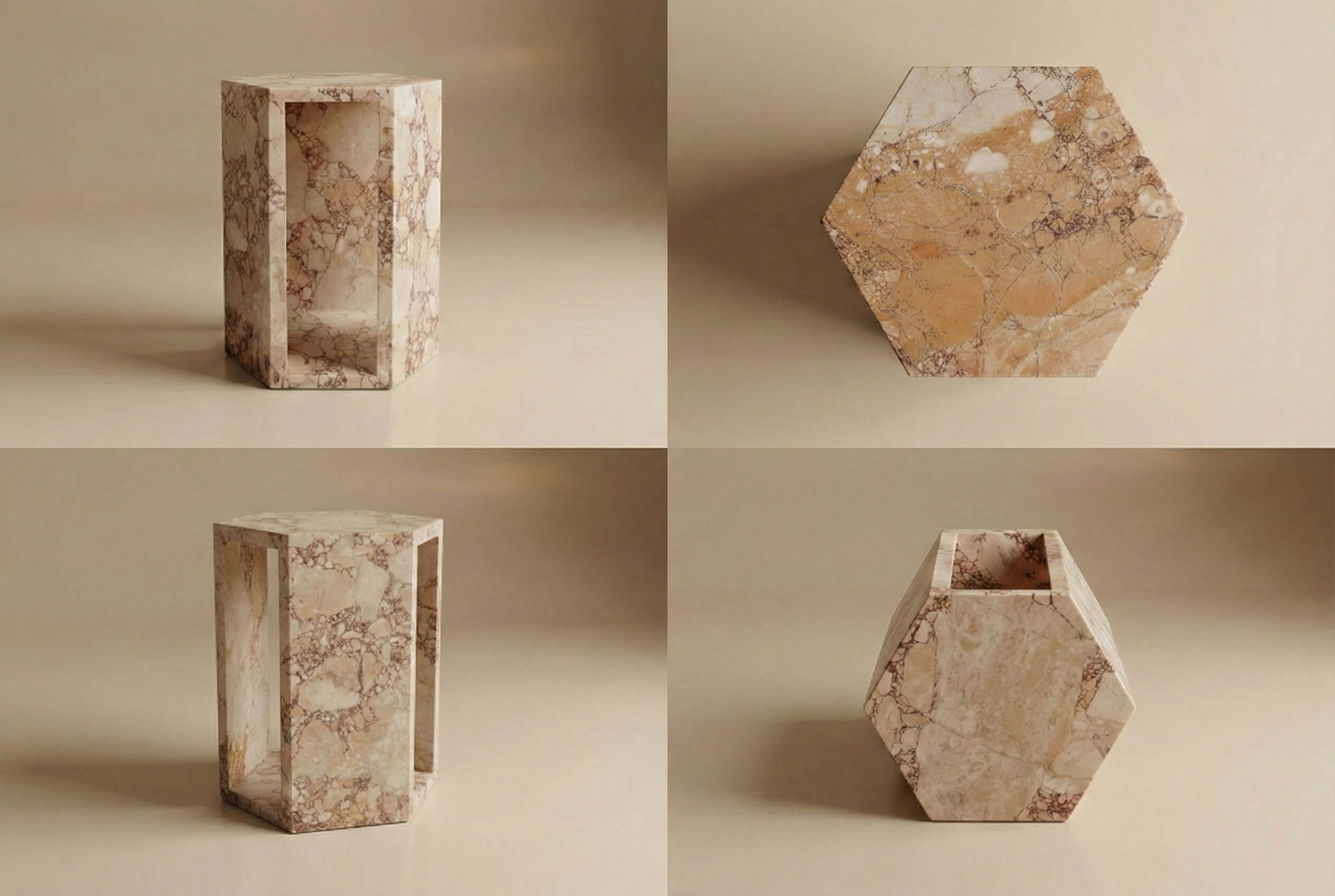 Multiple angle views showcasing the exquisite craftsmanship and geometric design of the diamond pink marble side table.