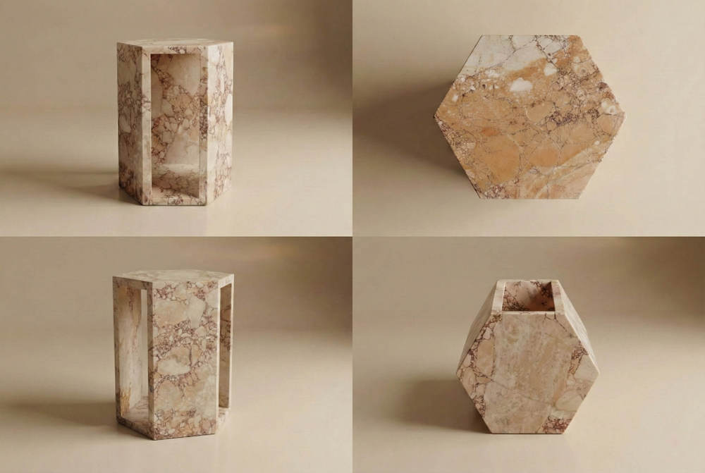 Multiple angle views showcasing the exquisite craftsmanship and geometric design of the diamond pink marble side table.