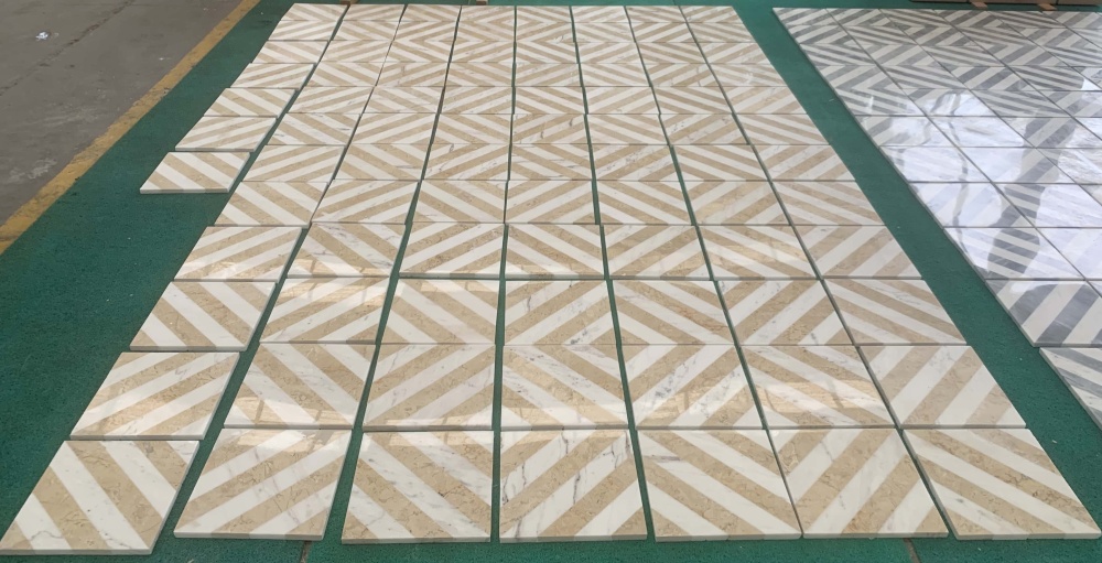 Top-tier quality inspection of Hyatt Gold and Snow Mountain White waterjet polished marble floor tiles, highlighting exclusive natural stone aesthetics.