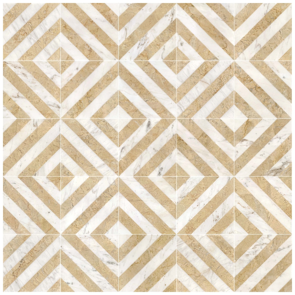 Seamless diamond pattern layout using 12x12 inch Snow Mountain White and Hyatt Gold striped polished marble wall and floor tiles.
