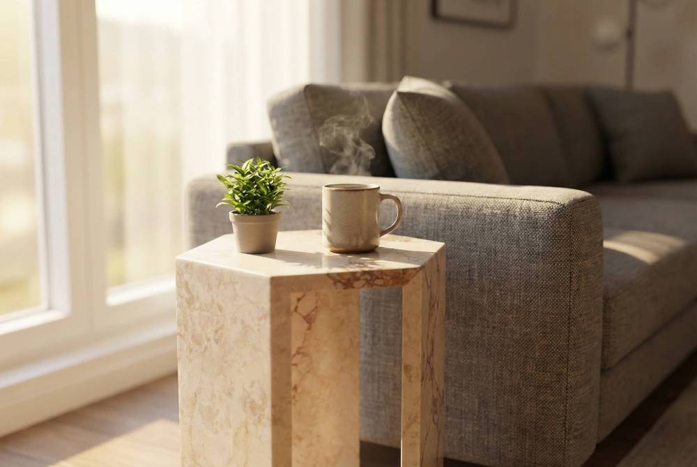 Sunlit living room showcasing the beautiful pink veins of the natural marble sofa side table. In stock and shipping quickly from our US warehouse.