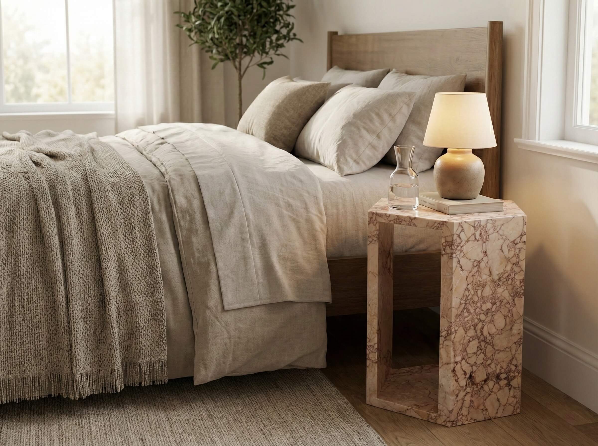 The hexagon marble side table functioning perfectly as a unique nightstand in a cozy bedroom, securely holding a bedside lamp and water carafe.