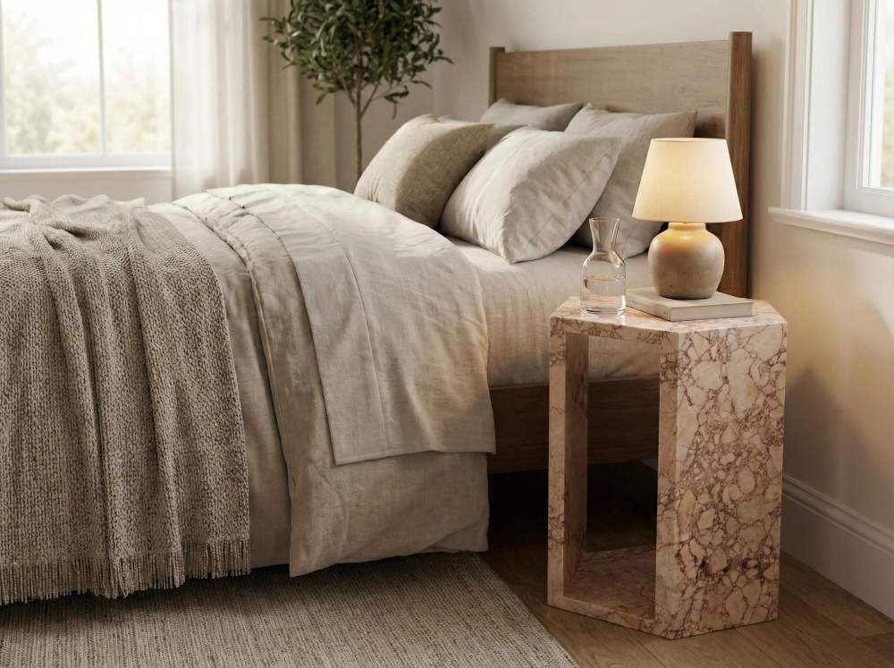 The hexagon marble side table functioning perfectly as a unique nightstand in a cozy bedroom, securely holding a bedside lamp and water carafe.