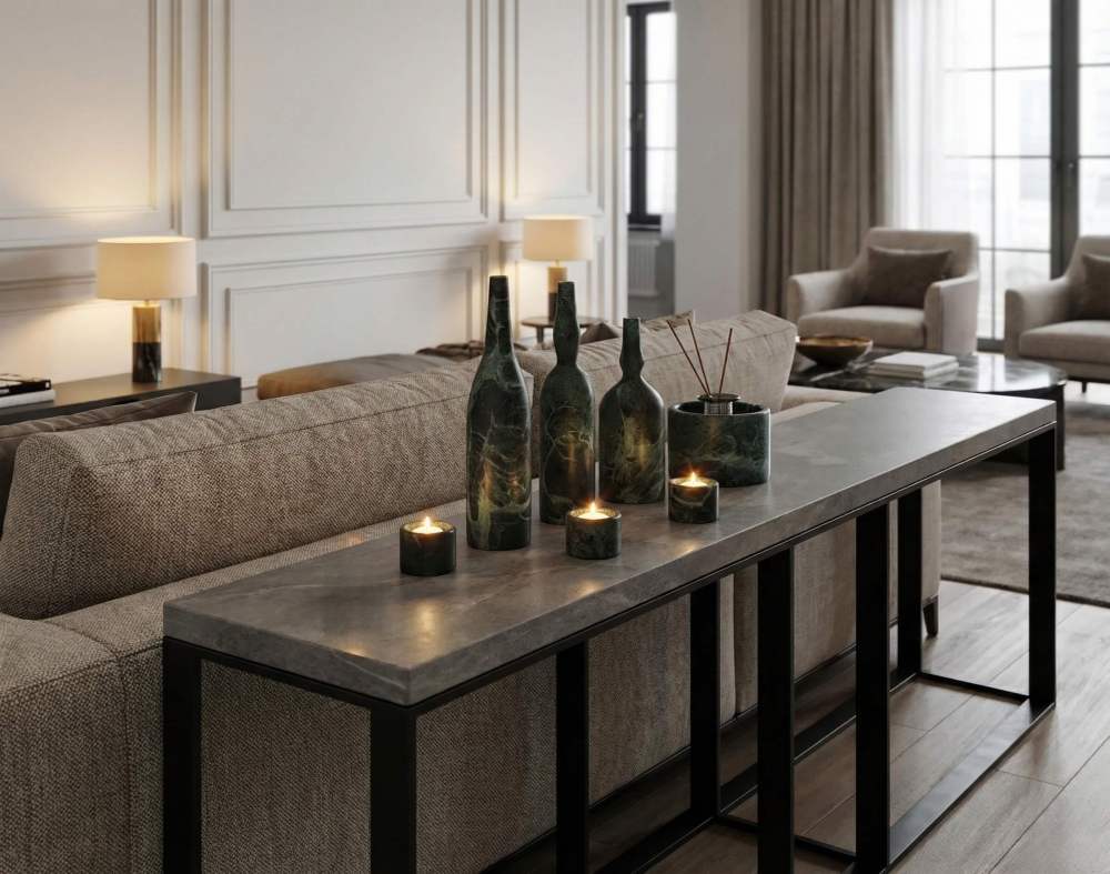 A luxury 7-piece Diamond Green natural marble home decor set arranged on a long, gray marble-topped console table behind a modern sofa. The set includes three lit marble tea light holders, three decorative marble bottles of varying shapes, and a marble reed diffuser holder with sticks. The background features a sophisticated living room with neutral-toned furniture and soft ambient lighting.