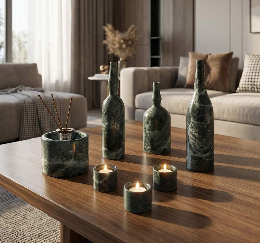 Modern living room coffee table styling with green marble decor accessories contrasting against warm wood textures and sunlight.