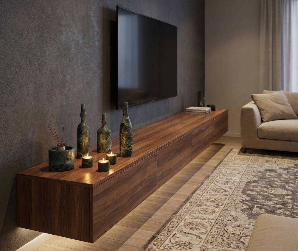 Luxury Diamond Green marble decor set on a walnut TV stand with ambient lighting and candles.