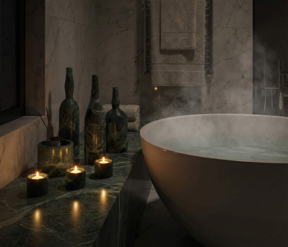 Diamond Green natural marble decor set creating a relaxing, spa-like ambiance next to a steaming modern bathtub.
