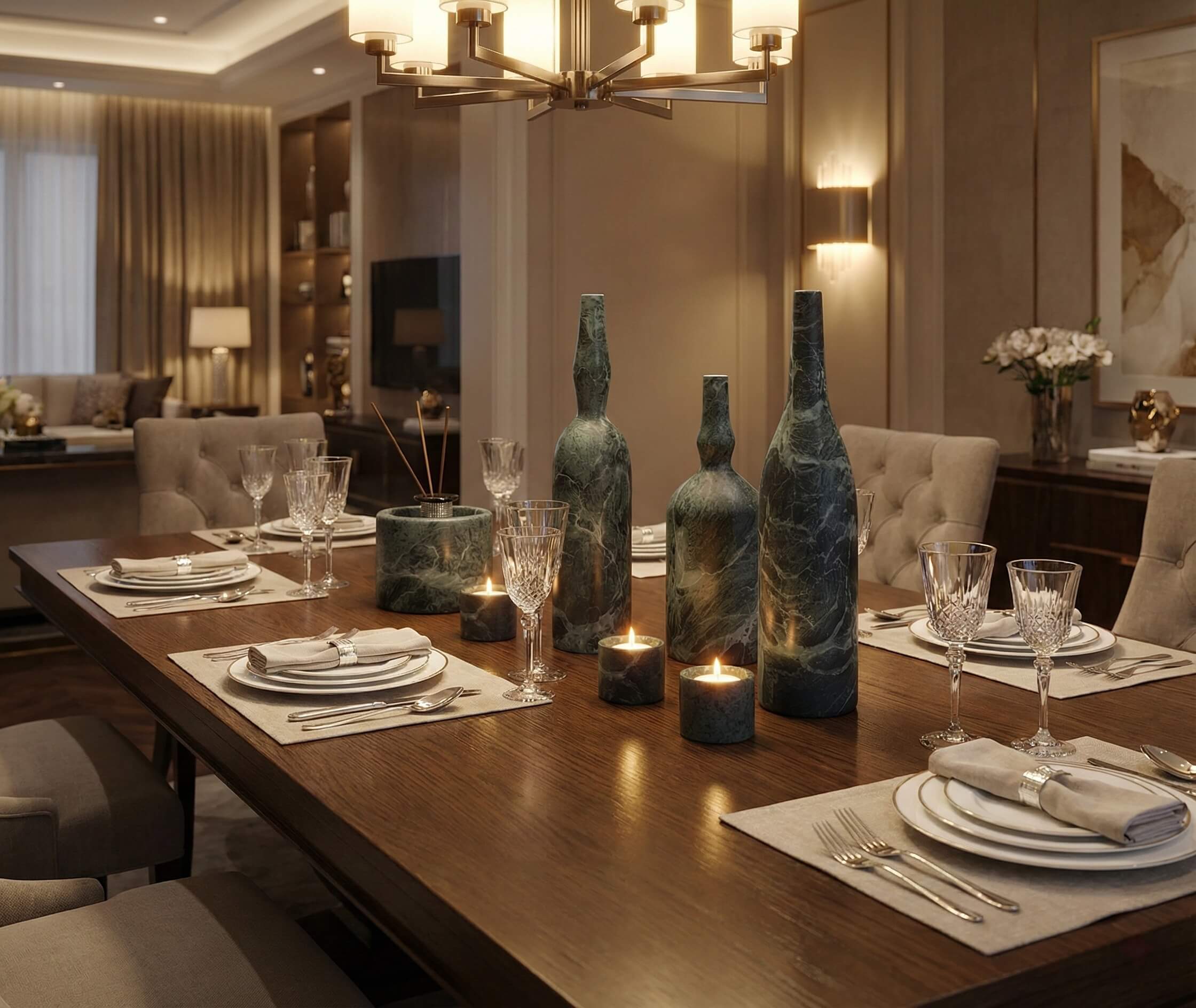 Elegant dining table centerpiece arrangement using green marble sculptural bottles and tealight holders for a formal dinner party setting.