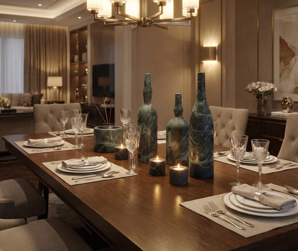 Elegant dining table centerpiece arrangement using green marble sculptural bottles and tealight holders for a formal dinner party setting.