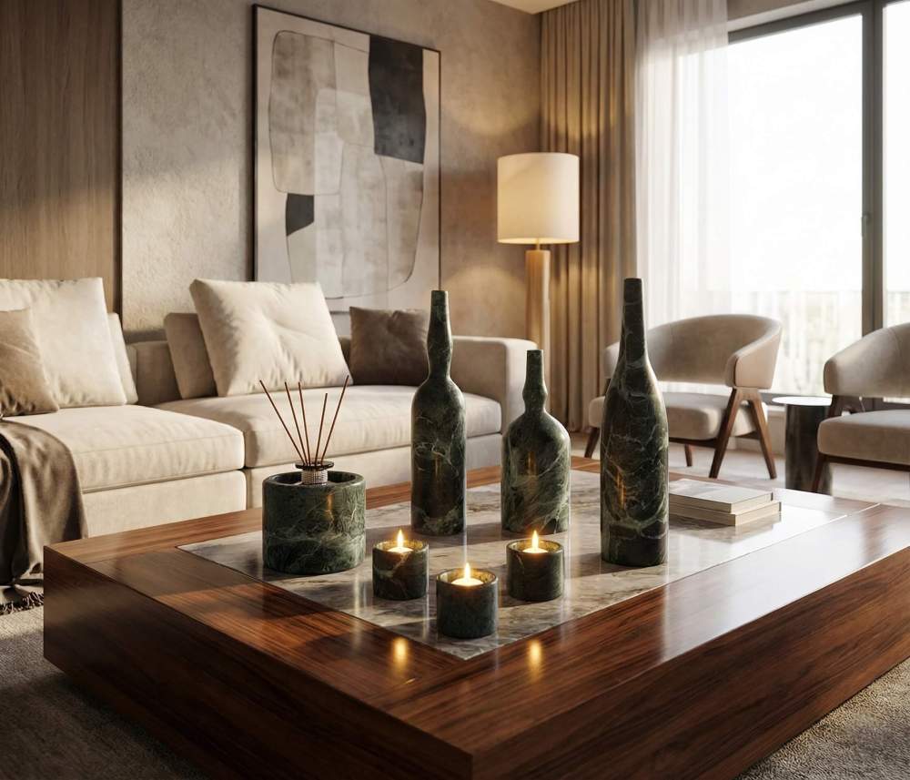 A professional interior shot featuring a 7-piece Diamond Green marble decor collection arranged on a large, low-profile wooden coffee table with a marble inlay. The scene includes lit candles and marble vases, set against a sophisticated living room backdrop with minimalist art, a stylish floor lamp, and neutral-toned furniture in soft natural light.