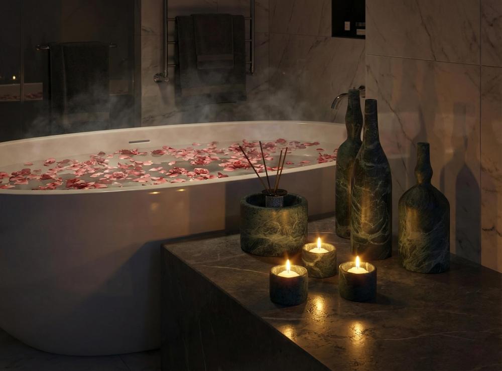 Luxury dark green marble sculptural vases and lit tealight holders styling a bathroom edge next to a romantic rose petal bath.