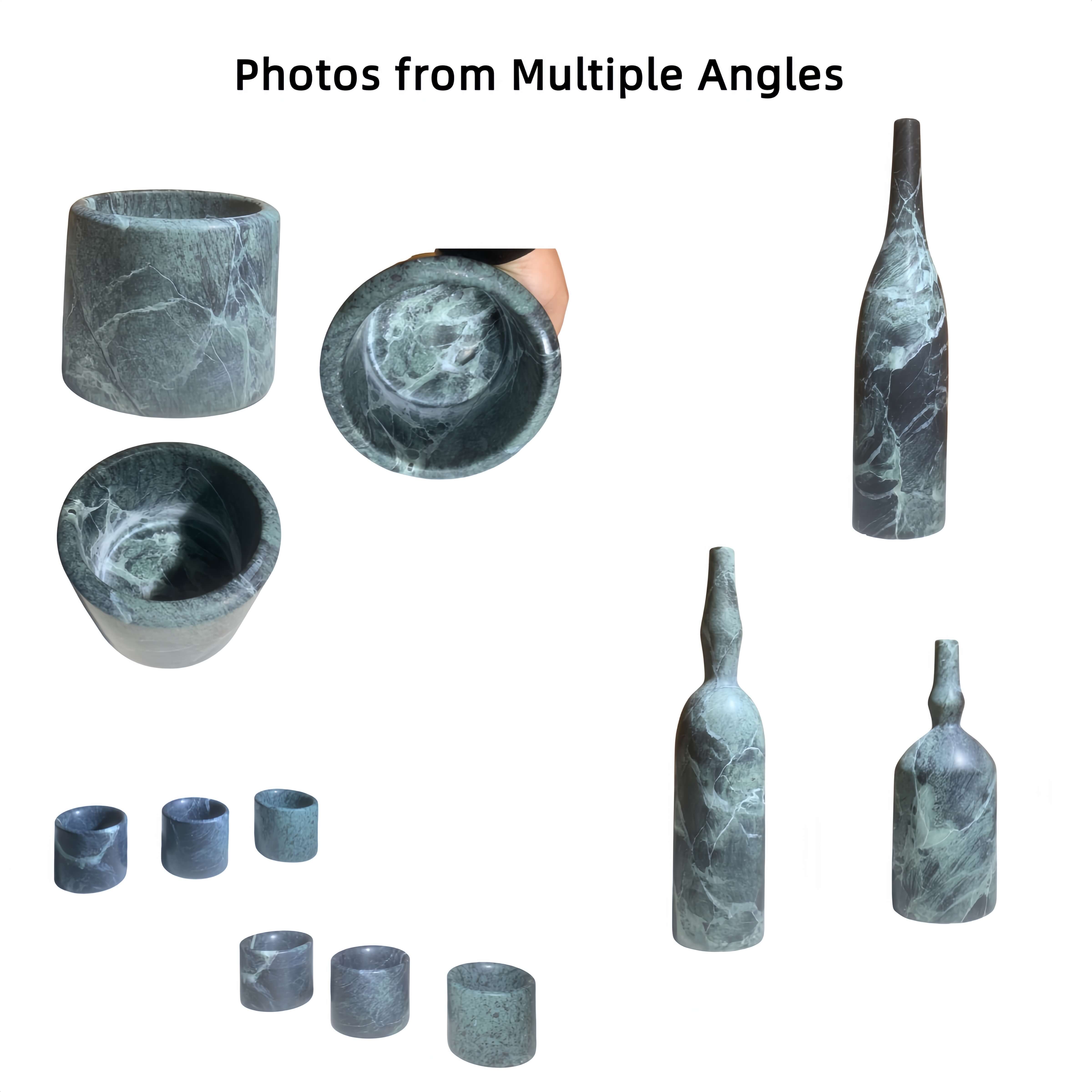 Multiple angle views and interior details of the hand-carved Diamond Green marble vases and holders, highlighting the premium weight and one-of-a-kind craftsmanship.