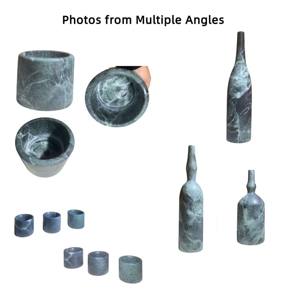 Multiple angle views and interior details of the hand-carved Diamond Green marble vases and holders, highlighting the premium weight and one-of-a-kind craftsmanship.