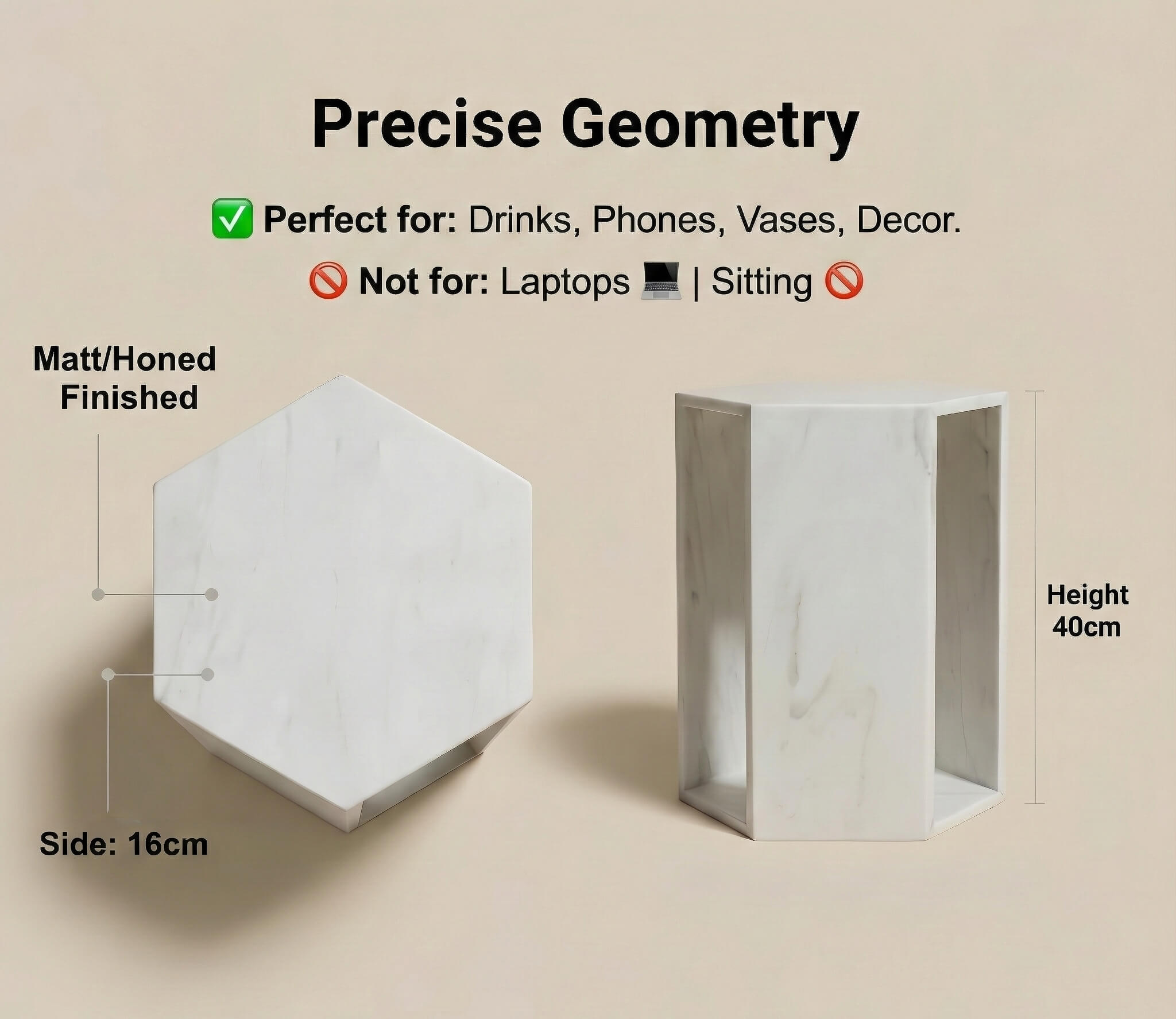 Dimensions guide for the marble hexagon side table: 40cm height and 16cm sides. Ideal geometric stand for drinks, phones, and natural decor.