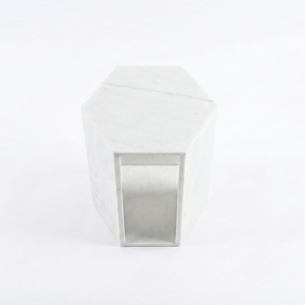 Top surface of the Snow Mountain white marble pedestal, displaying 100% natural, exclusive cloud-like stone veining where every piece is unique.