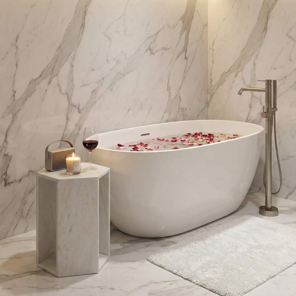 Luxury bathroom styled with the 100% natural marble accent table next to a freestanding bathtub, safely holding a candle and a glass of wine.