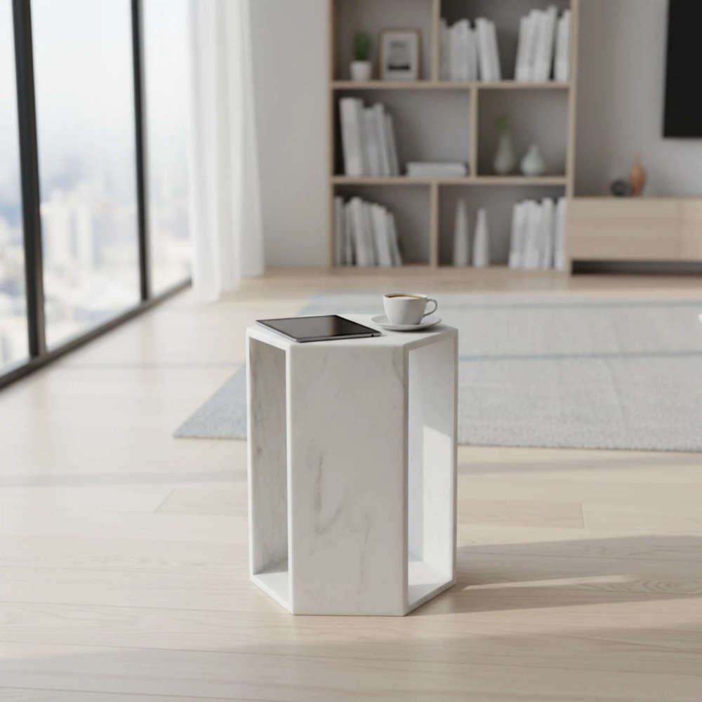 The natural white marble hexagon side table styled in a modern bright living room, perfectly holding a coffee cup and tablet.